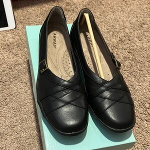 Array Women’s Black Slip-On Comfort Loafers with Cross-Stitch Detail